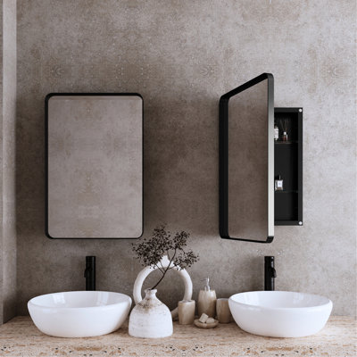 Armoire à pharmacie encastrée 20 po x 30 po pour la salle de bain avec cadre en métal noir, miroir et tablettes réglables - Miroir moderne, brouillard, anti-corrosion