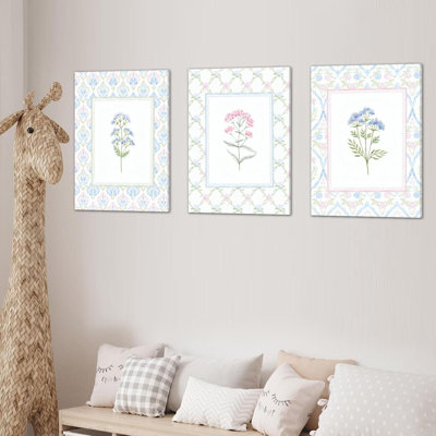 Wildflower Nursery Wall Art Decor Baby Girl Room Canvas Prints Pastel Floral Wall Art Botanical Flower Pictures Pink Blue Wildflower Painting Artwork for Girls Bedroom 16x24 Inch Framed