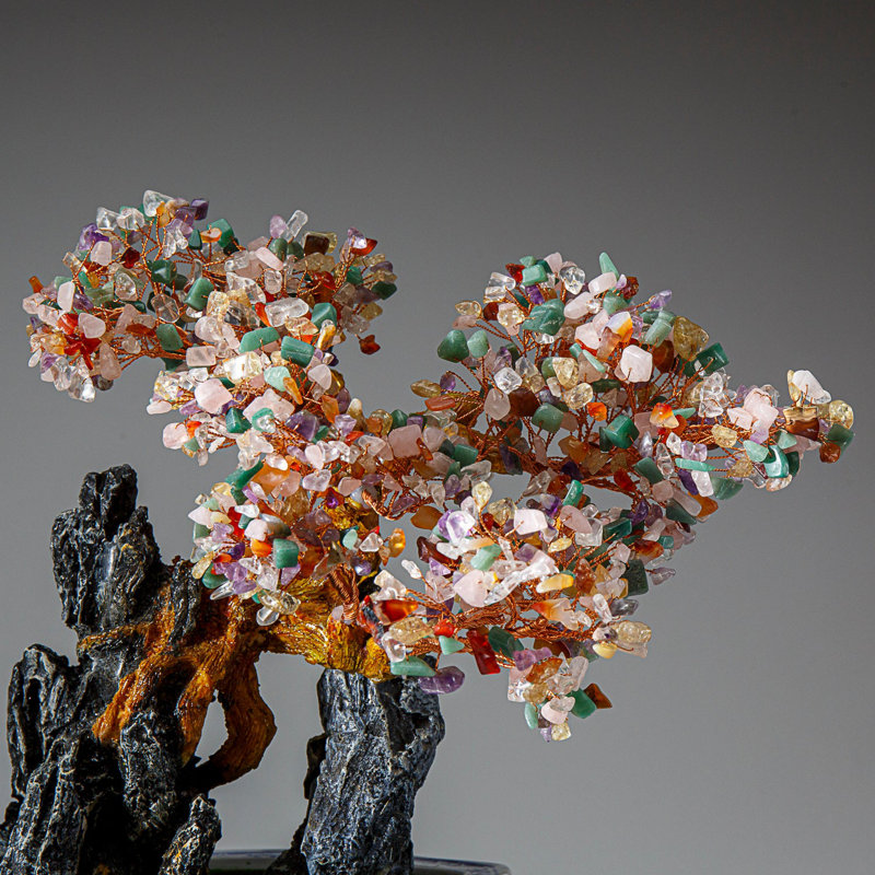 Genuine Multi Gemstone Bonsai Tree in Square Porcelain Pot (13")