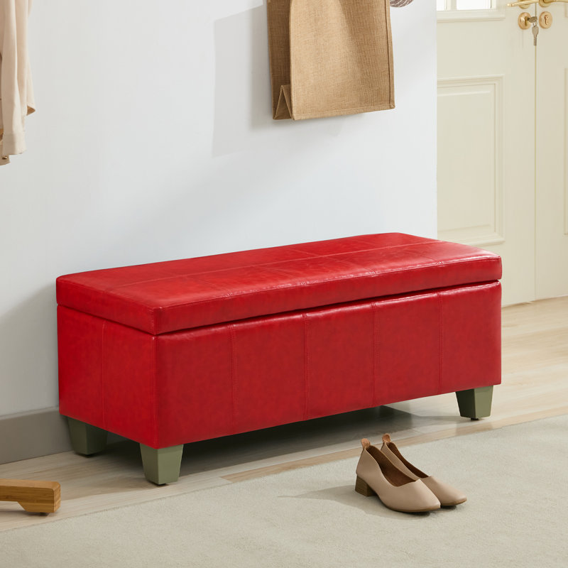 41" Wide Faux Leather Upholstered Storage Bench, Red, 15.5" H x 41" W x 16.3" D