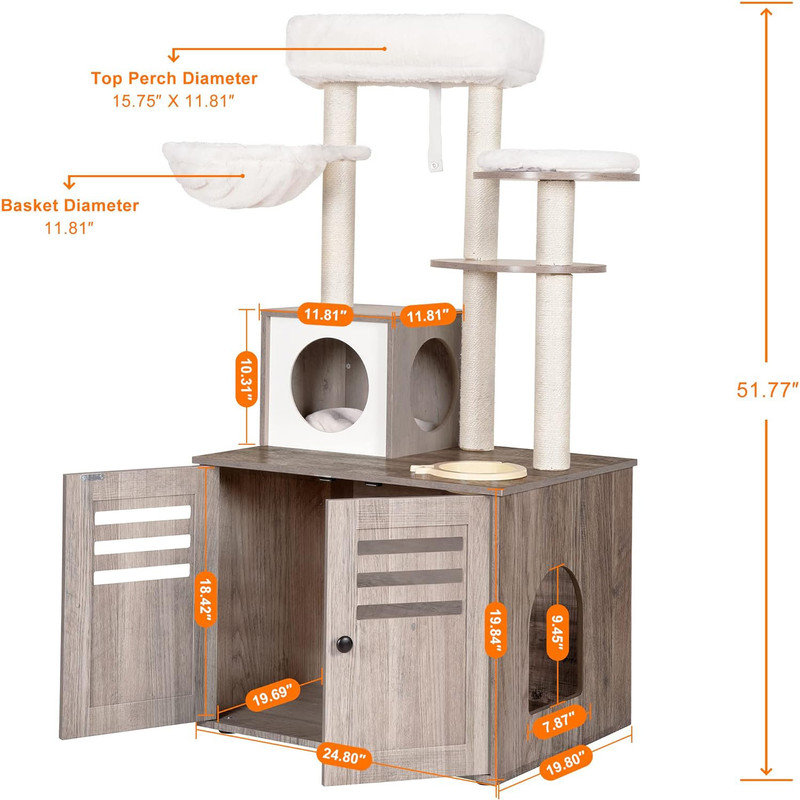 Rustic Gray Wood Cat Tree with Litter Box Enclosure