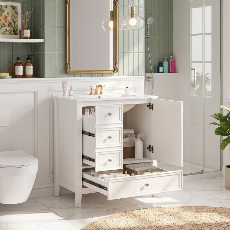 Meuble-lavabo de 30 po avec trois tiroirs et une structure en bois massif, Blanc