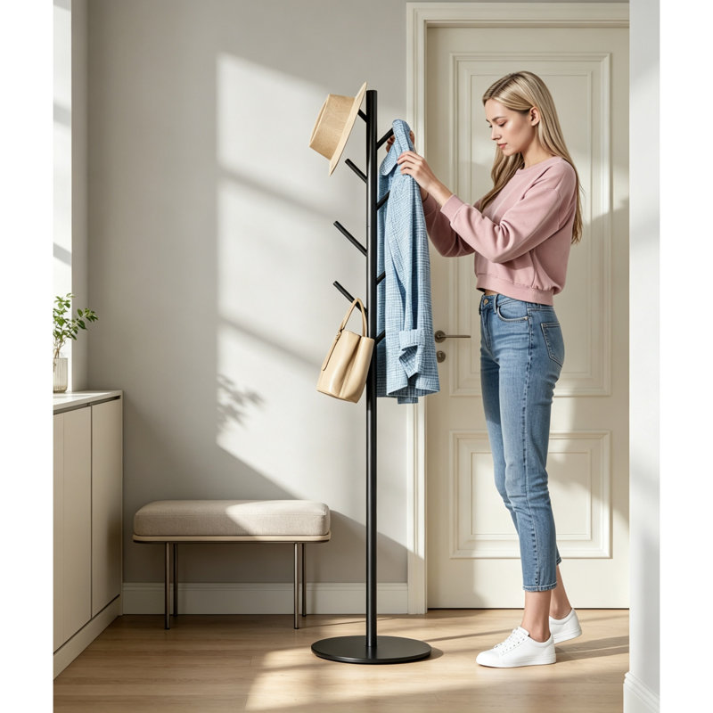 Freestanding Metal Coat Stand with 8 Hooks, 3 Adjustable Heights, Sturdy Sintered Stone Base, Matte Black, 29 x 29 x 167 cm, Coat Rack for Hallway, Entrance & Bedroom