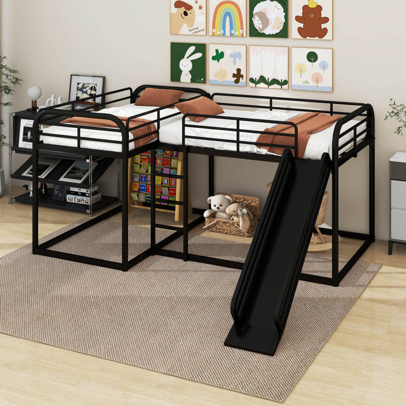 Élégant lit superposé en forme de L avec glissade, taille double et simple, Noir
