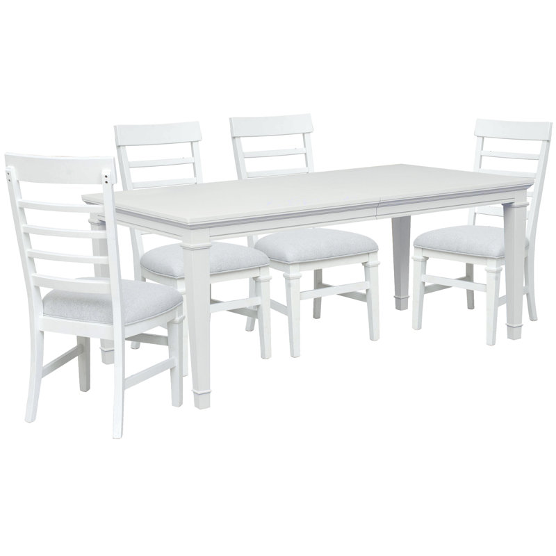 Table de salle à manger extensible blanche avec 4 chaises d'appoint, Blanc / Gris, 5 pièces: table, 4 chaises