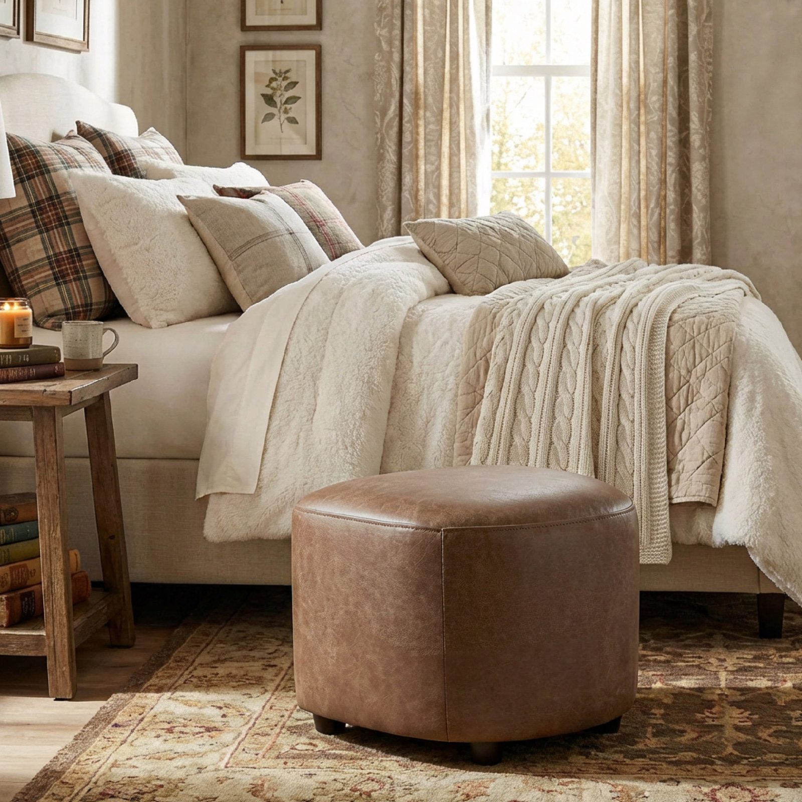 Stassi Genuine Leather Ottoman, Tan