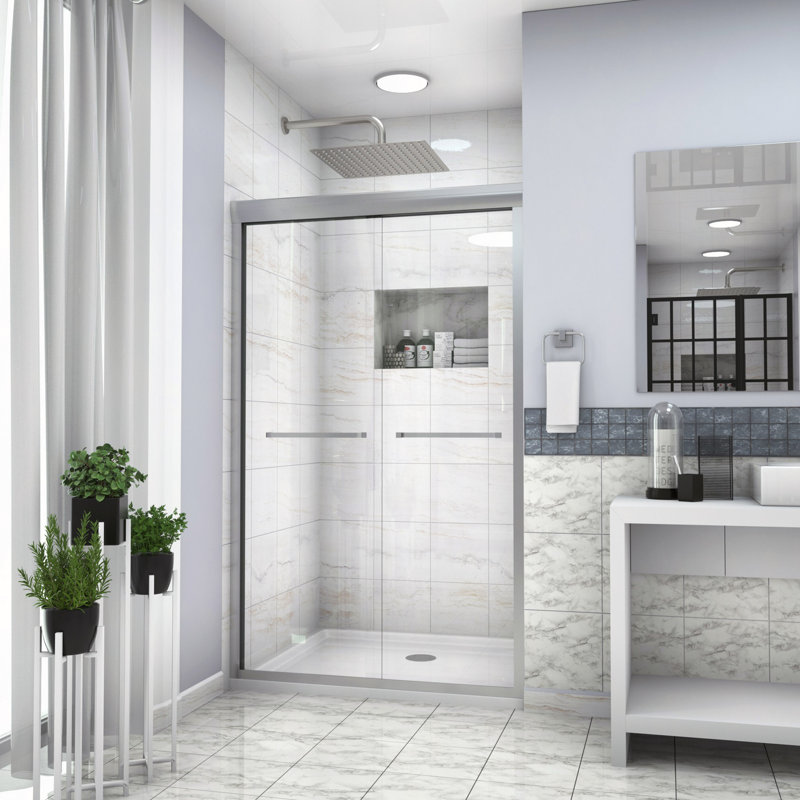 Shower Door 48" W X 76"H Semi-Frameless Bypass Sliding Shower Enclosure, 5/16" (8Mm), Brushed Silver