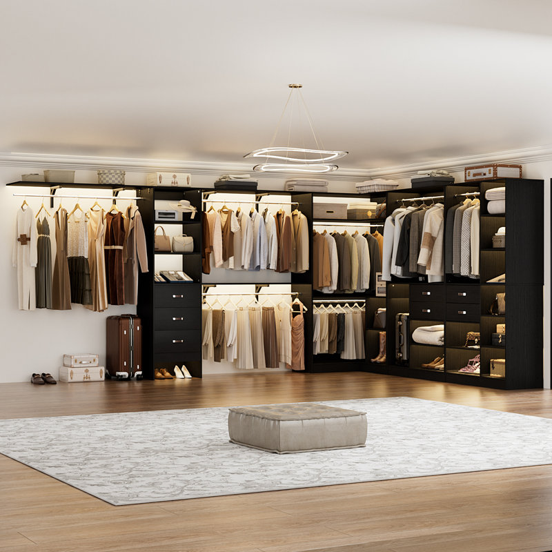 Système d'organisation avec tiroirs en bois 127,5 po x 86,8 po (largeur réglable), Noir