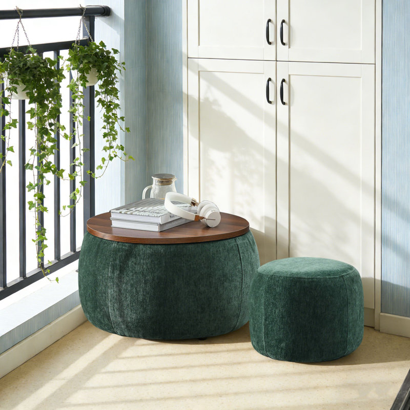 Modern Fabric Storage Stool Set, Includes Round Stool + Storage Stool, Green