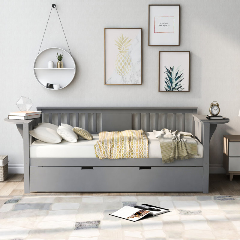 Lit de jour en bois massif avec couchette et abattants, Gris, Lit simple