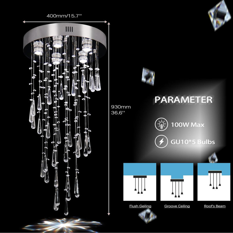 Luminaire de plafond encastré en cristal moderne avec ampoules GU10 remplaçables pour la salle à manger, la chambre à coucher, le salon et les hauts plafonds