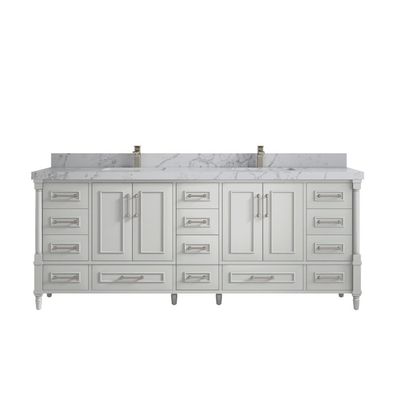 Aberdeen 84'' Double Bathroom Vanity with Quartz Top, Venatino Quartz, Coventry Gray