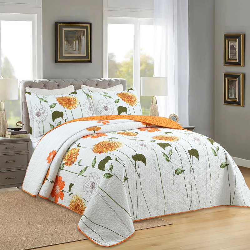 Ensemble de courtepointe à motif floral en coton 3 pièces MarCielo ME508, Courtepointe très grand + 2 taies décoratives tr