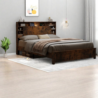 Spacious Storage Bed Frame, Wood & Metal, Modern Design for Family Rooms