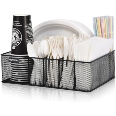 Paper Plate Organizer For Countertop, Metal Silverware Caddy With 6 Compartments For Cup, Napkin, Utensil Holder Caddy For Party, Camping, Picnic