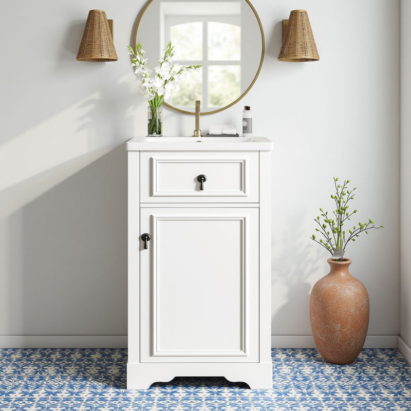 Meuble-lavabo simple autoportant de 20 po avec lavabo en céramique et porte à fermeture en douceur, Blanc/Noir