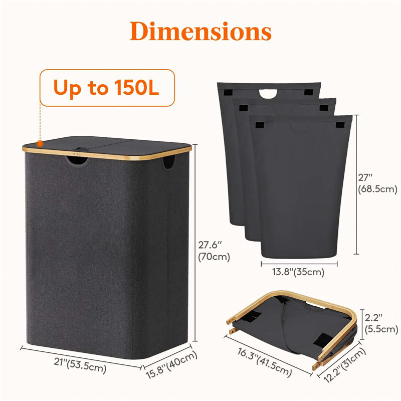 Bhargava Fabric Laundry Hamper with Handles, Black, 70 x 53 x 40