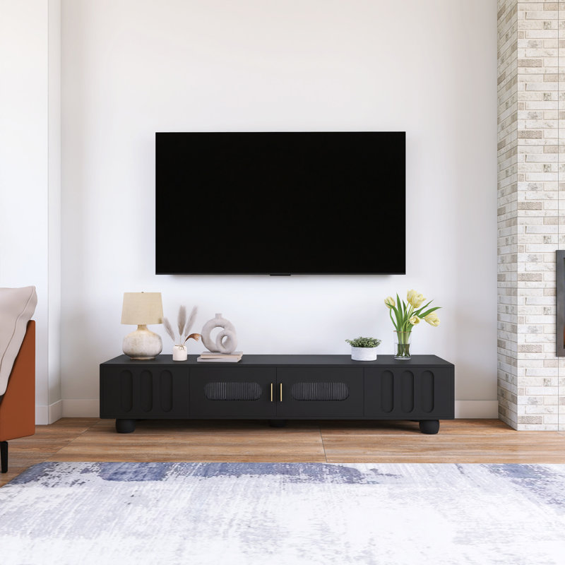 Meuble télé pour téléviseur de 80 po ou moins Avec tiroirs et armoire, Noir, noir, noir, noir