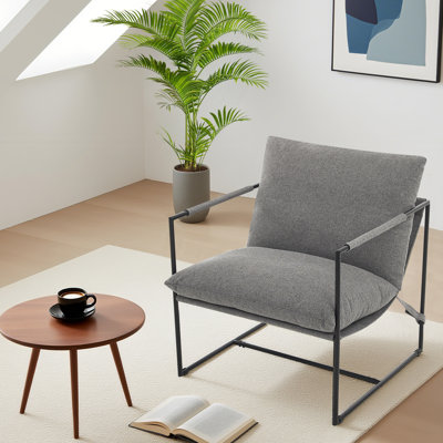 Fauteuil d'appoint moderne à dossier ajouré, structure en métal, coussin en mousse déchiquetée, fauteuil lounge rembourré pour salon, gris