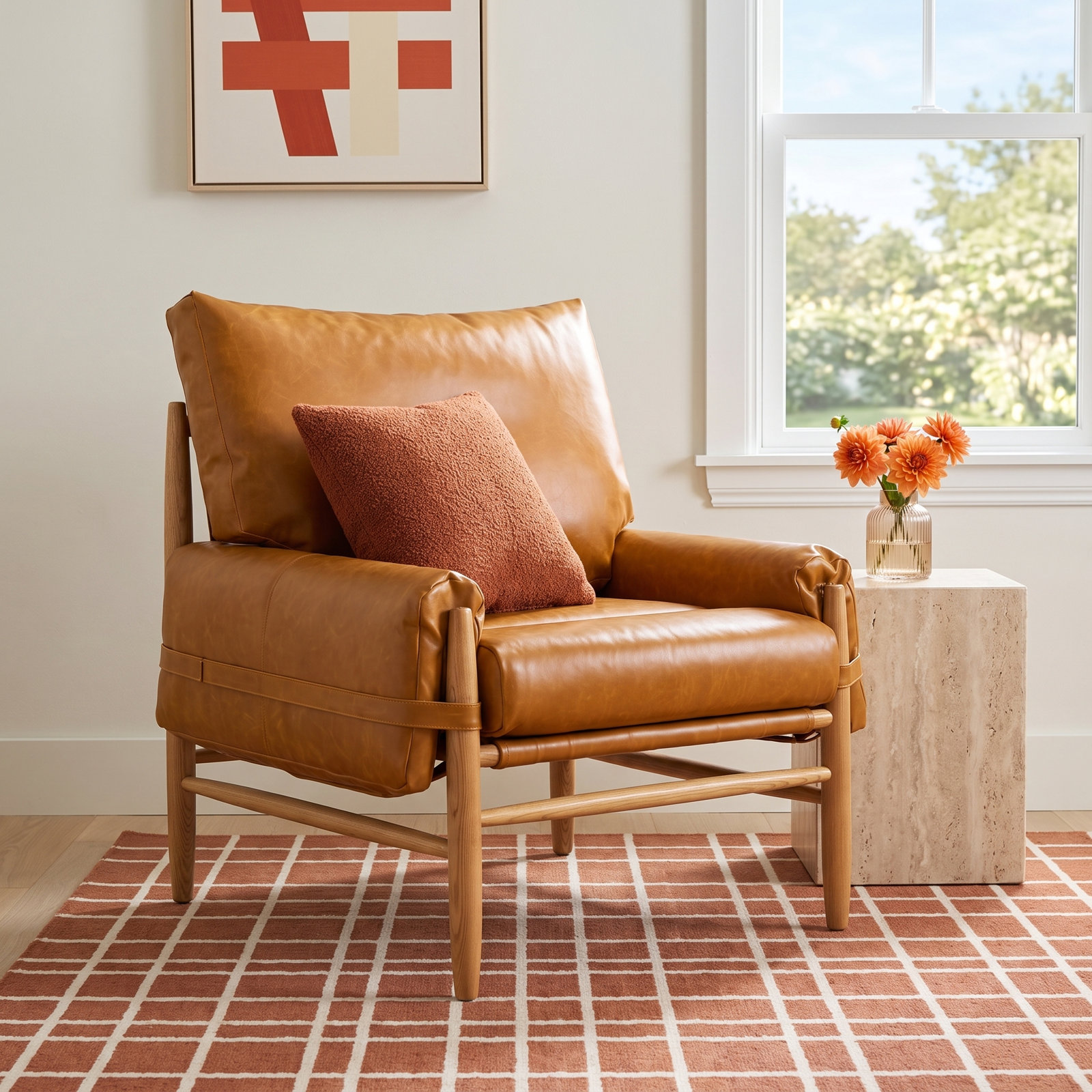 Marla Oak Armchair, Caramel Genuine Leather