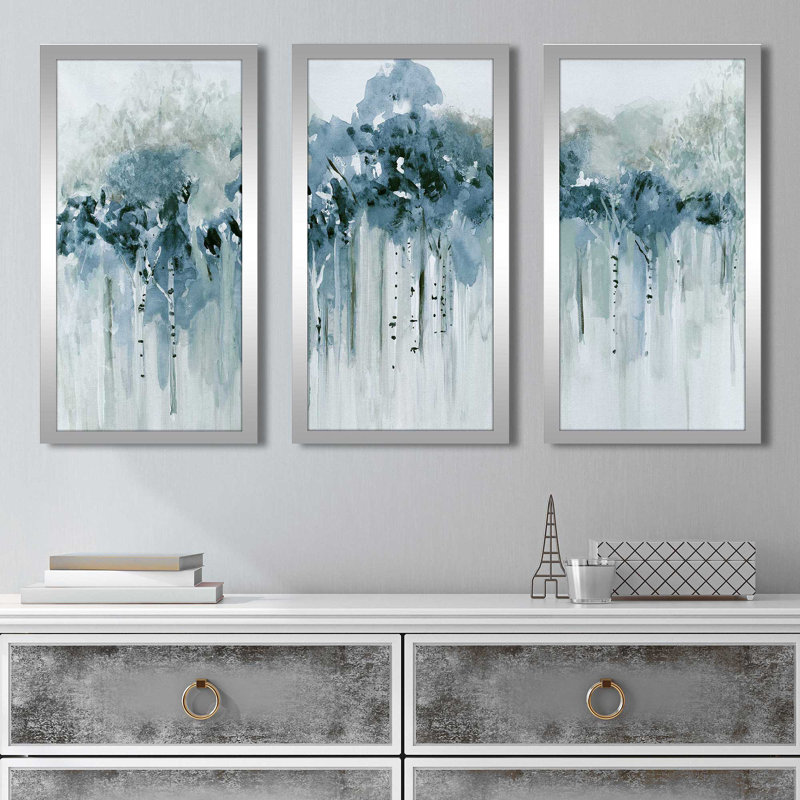 «Blue Birch Morning» par Susan Jill - peinture sur cadre 3 pièces, L 40,5 po x H 25,5 po x P 1 po