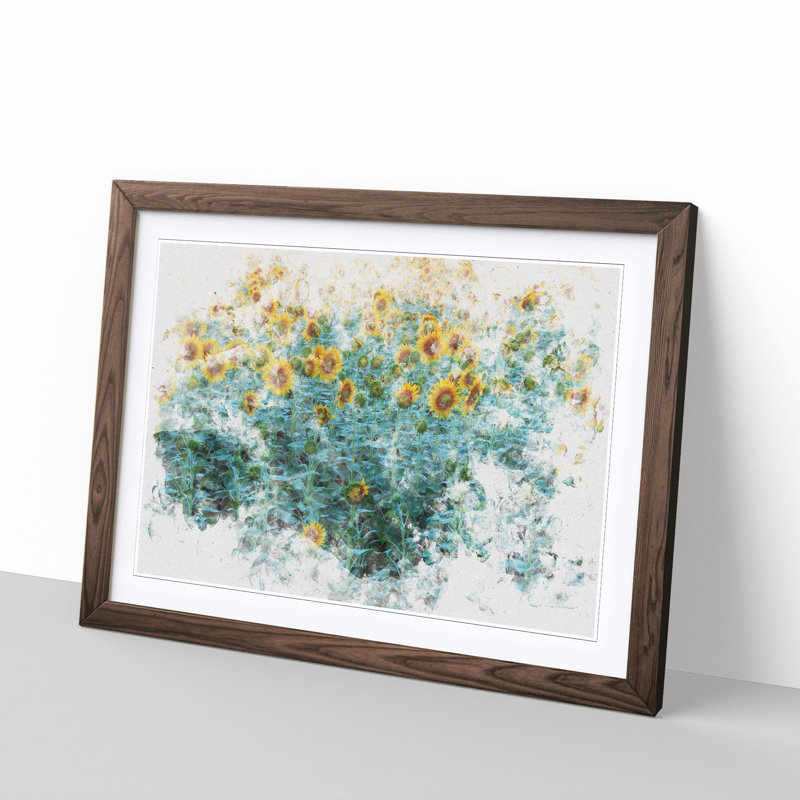 Sunflowers Soon to Bloom Watercolour 1 Piece Single Picture Frame Wall Art on MDF, 45cm H x 63cm W x 2cm D, Walnut Framed