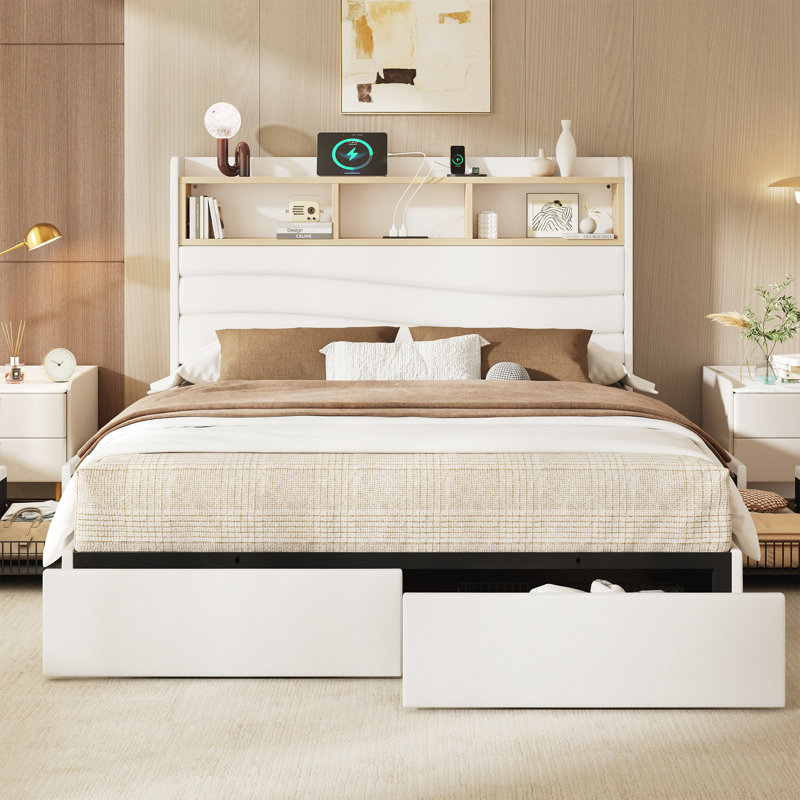 Queen Size Bed with 6 Storage Drawers & Headboard, Upholstered Bed Frame with Charging Station, White, White, Queen