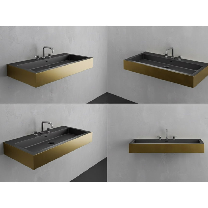 Vast Studio 39.4” L x  18.9” W Wall-Mounted Rectangular Bathroom Sink –Aged Brass/Black Elevated Concrete, Brass/Black
