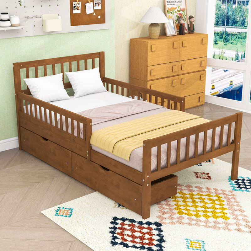 Lit plateforme en bois avec garde-corps et tiroirs de rangement, Simple