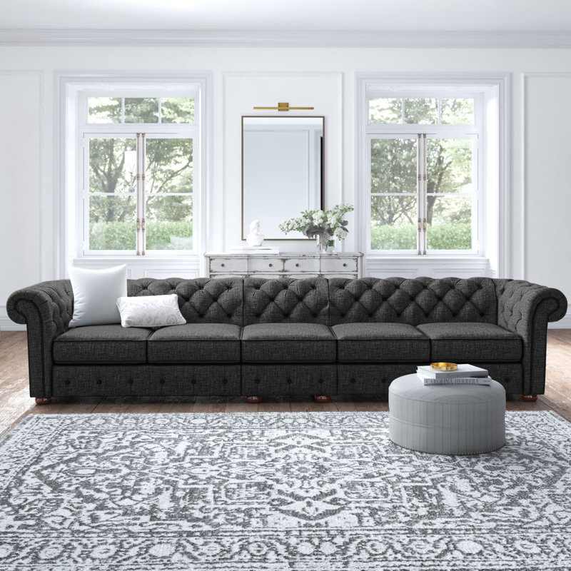 Canapé Chesterfield à accoudoirs roulés en lin 141,2 po Huskins, Lin gris foncé chiné