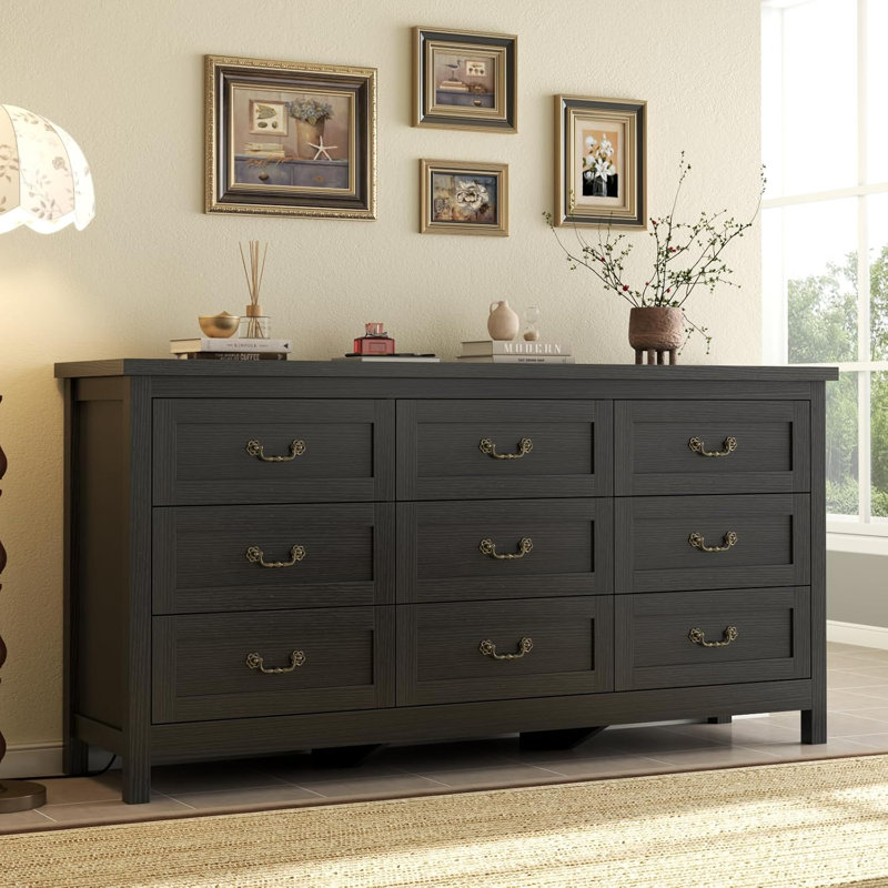 9-Drawer Dresser For Bedroom, 63" Wide Dresser TV Stand For Tvs Up To 75", Farmhouse Long Storage Wooden Dressers Organizer, Large Chest Of Drawers With Vintage Pull For Closet