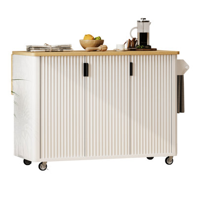 51" Kitchen Island With Drop Leaf, Storage Rack, White Ash, Modern Design, 400 Lbs Tabletop Capacity, Adjustable Shelves, 360-degree Wheels, Locking P