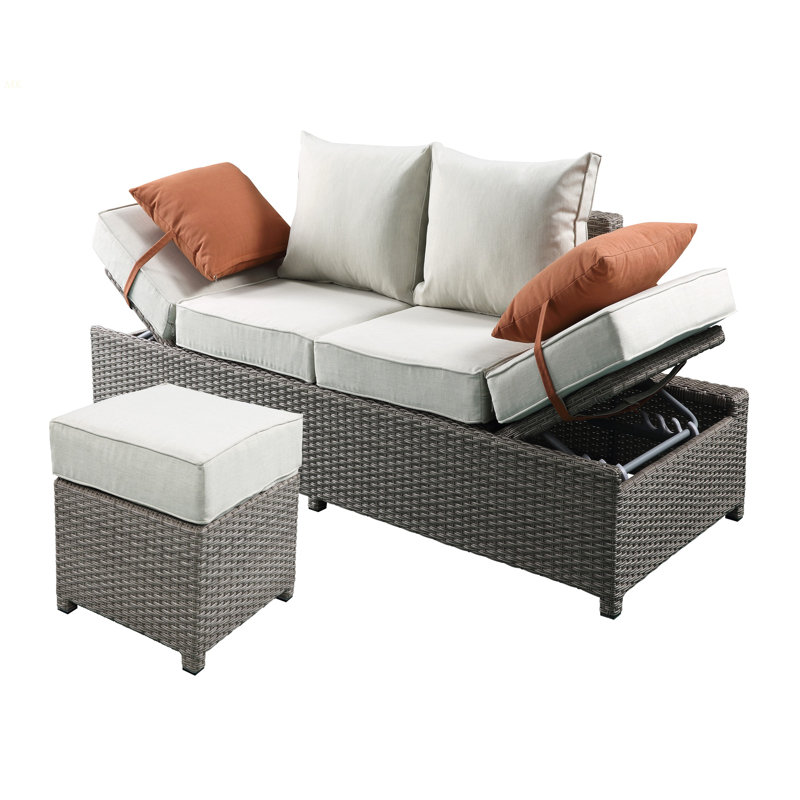 Canapé de patio et repose-pieds en osier toutes saisons avec 2 coussins décoratifs