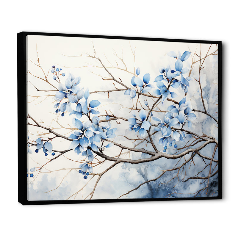 Art sur toile, feuilles bleues et grises, Cadre flottant noir, H 16 po x l 32 po x P 1 po