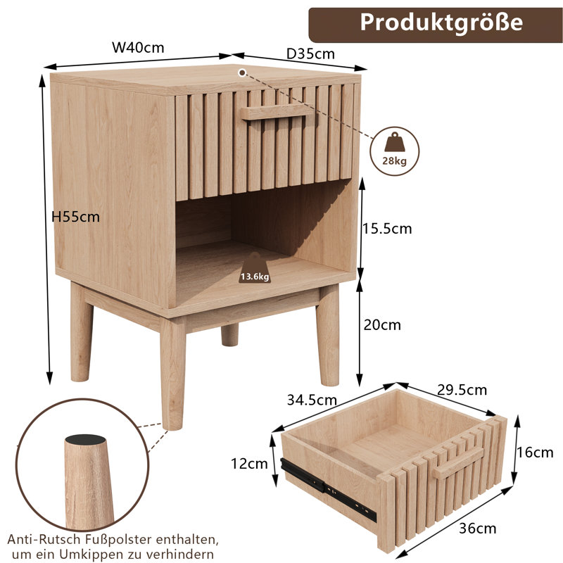 40cm W Manufactured Wood Bedside Table