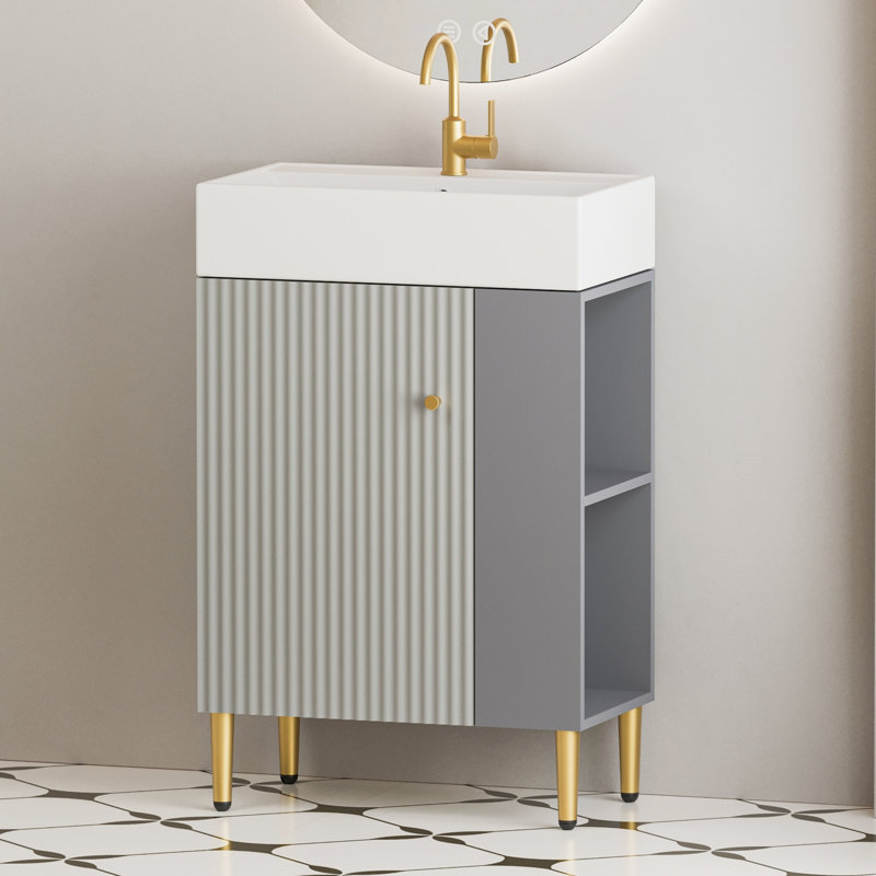 21.6" Freestanding Single Bathroom Vanity Set with Left Side Open Shelf, Ceramic Sink, Soft-Closing Door, Cloakroom Storage Cabinet, 3 Colors Option