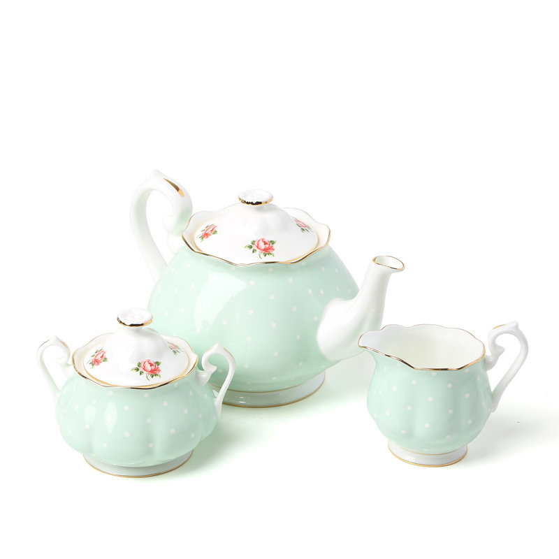 Ensemble de 3 pièces théière Royal Albert Mint Polka Rose, sucre, crème