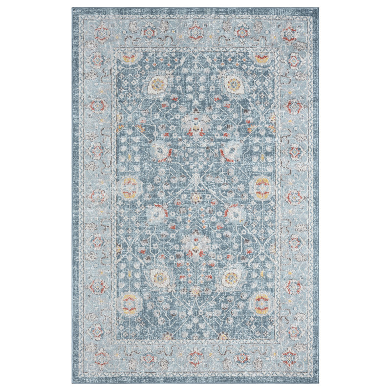 4' X 6' Blue And Ivory Floral Area Rug With UV Protection