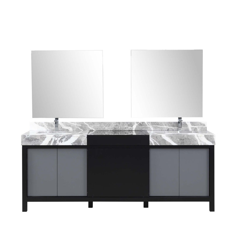 Meuble-lavabo double noir et gris 84 po X P 22 po D, dessus en marbre Castle, ensemble de robinets en chrome et Miroirs