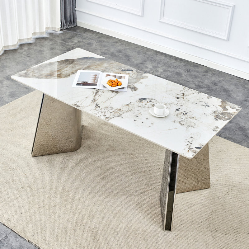 Marble-Patterned Slab Dining Table, Silver, White/Gray, 30"H x 63"L x 31.5"W