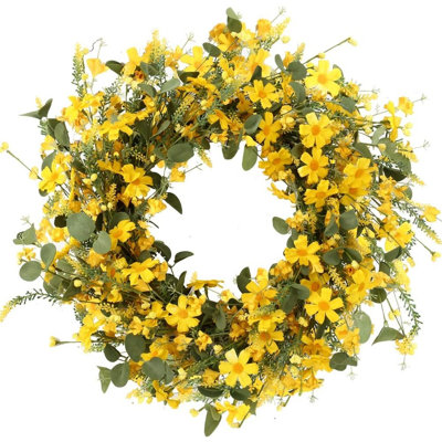 Couronne de printemps artificielle pour porte d'entrée - Couronne de campagne jaune pour décoration intérieure et extérieure