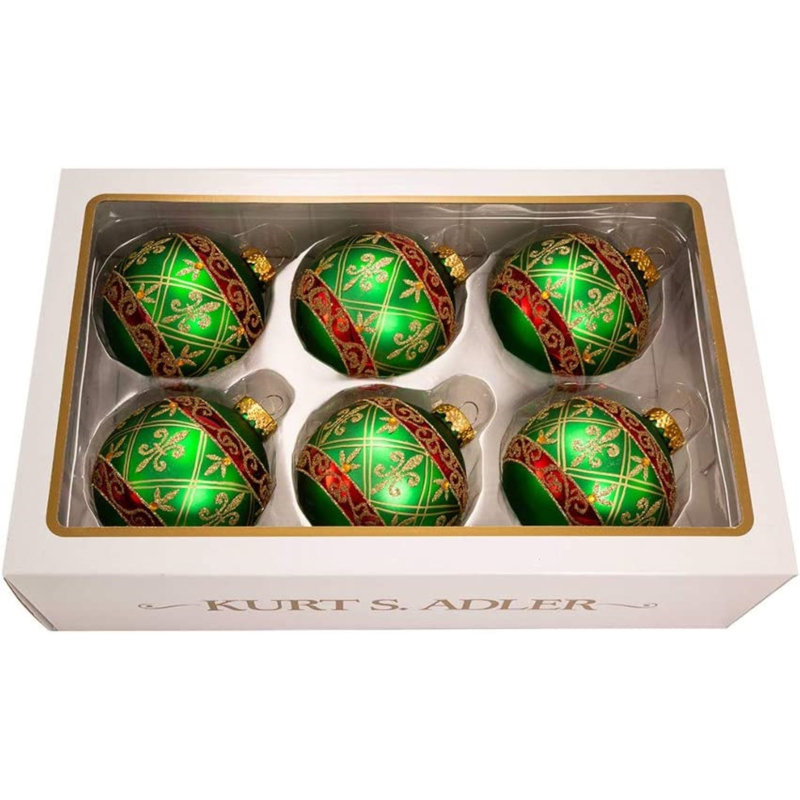 Green and Gold Glass Ball Ornaments with Fleur-de-Lis, Set of 6