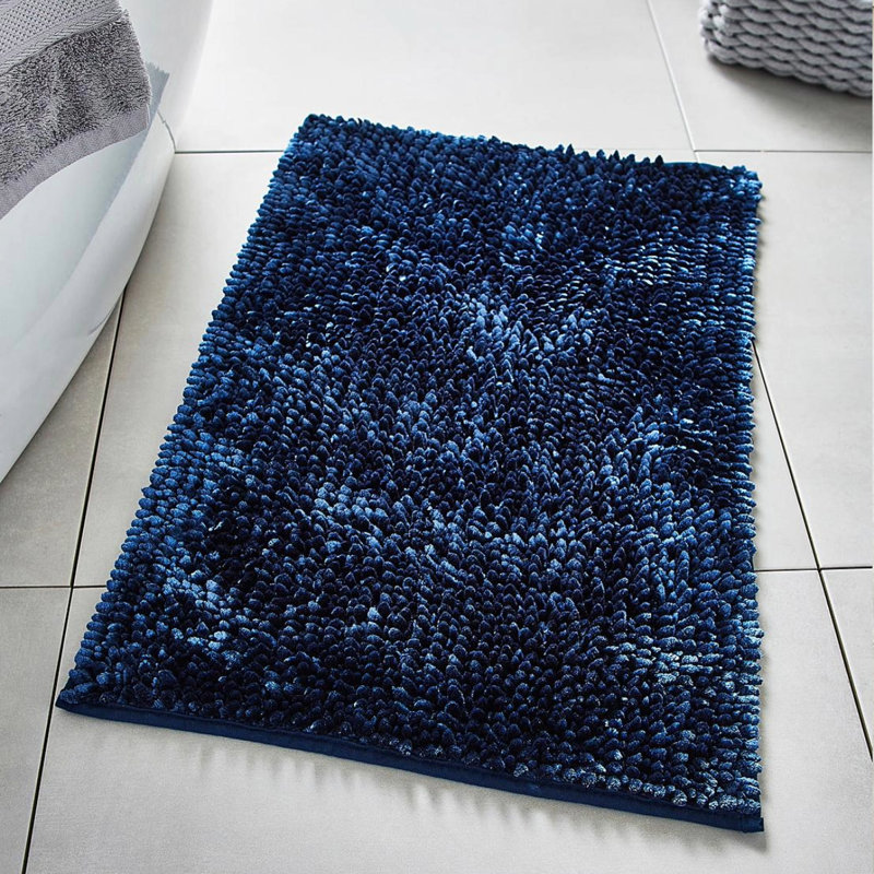 Margot Velvet Chenille Bobble Bath Mat, Navy