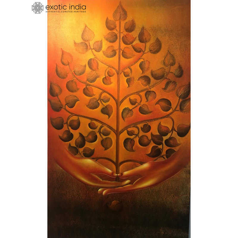 Arbre de Bouddha, peinture acrylique sur toile avec technique de plume par Kanchan Mahante