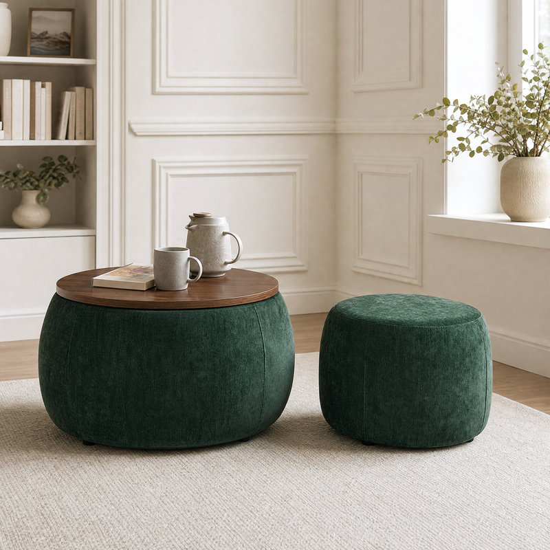 2-In-1Round Fabric Storage Ottoman - Footstool, Seat & End Table In One, Green