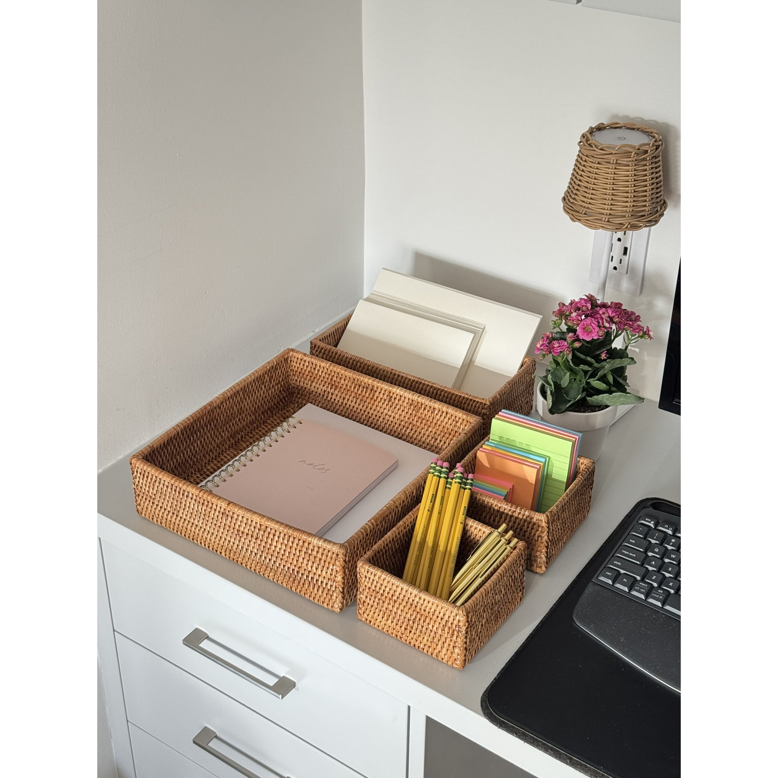 Bohi La Jolla Rattan 4-Piece Nesting Desk, Drawer, Shelf & Cabinet Tray Organizer, Brown