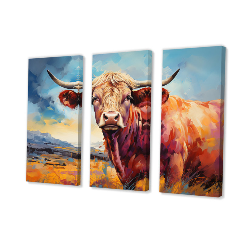 Vache, campagne, palette IV sur toile, 3 pièces, H 32 po x l 48 po x P 1 po