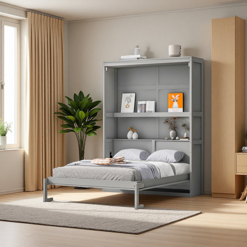 Lit escamotable mural avec tablettes Murphy, Gris, Grand lit