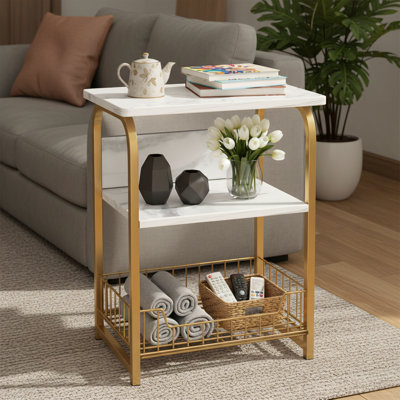 Three-Tier White Marble Side Table With A Sturdy Wooden And Metal Frame; Industrial Retro Storage Shelf; Multi-Functional Bedside Table Suitable For Living Rooms, Bedrooms, Kitchens, And Offices.