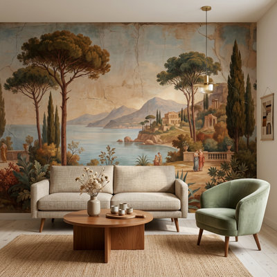 Panneau mural méditerranéen classique Fresco Coastal Landscape
